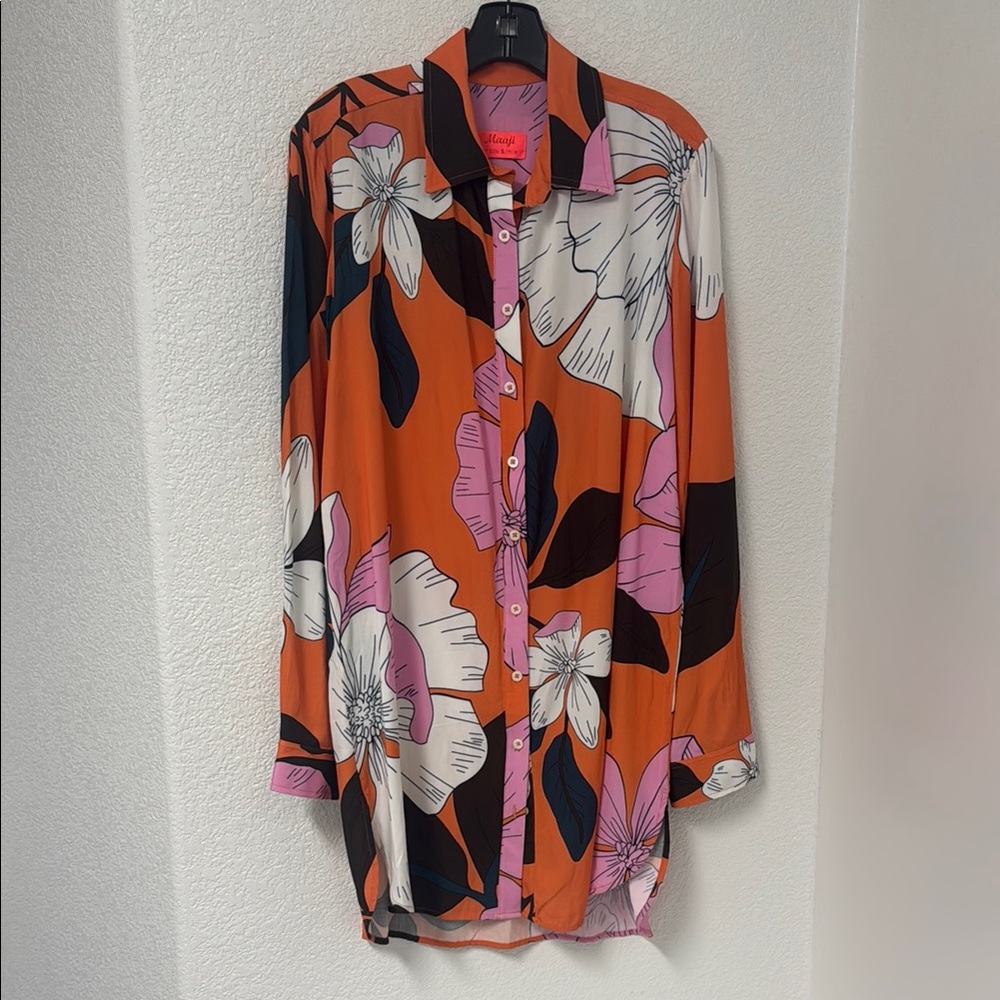 NWOT Maaji Orange Long Sleeve Graphic Button Down Shirt Dress or Swim Coverup